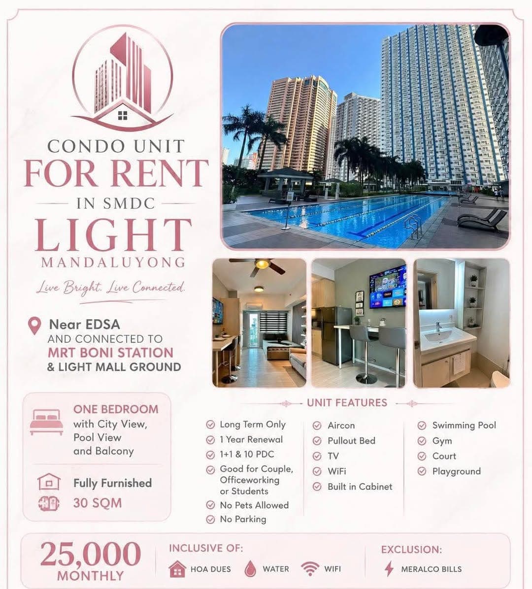 PRIME LOCATION Condo for rent in SMDC Light  Mandaluyong near Edsa / And connected to MRT Boni Stati... - photo 1