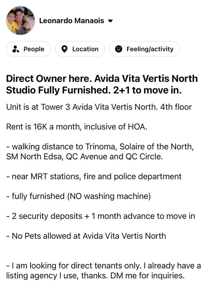 Direct Owner here. Avida Vita Vertis North Studio Fully Furnished. 2+1 to move in. - photo 3