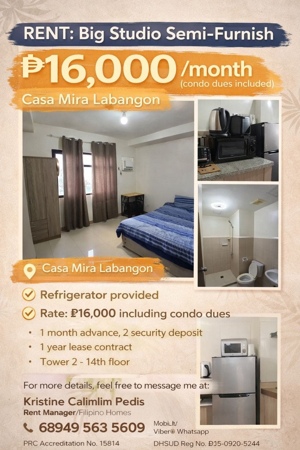 RENT: Big Studio Semi-Furnish 16K/month(condo dues include)