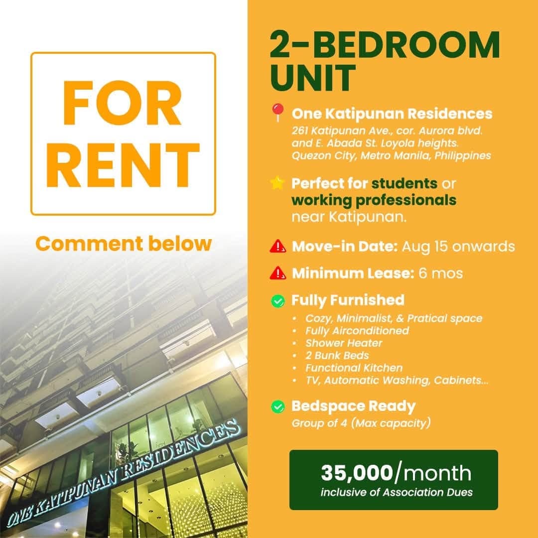 🏢 FOR RENT: Fully Furnished 2-Bedroom Condo in Katipunan, Quezon City 🏢 - photo 1