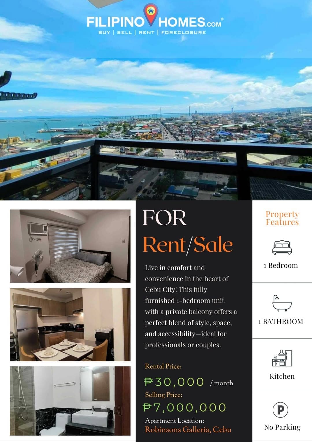 FOR RENT / FOR SALE – 1 Bedroom Condo with Balcony