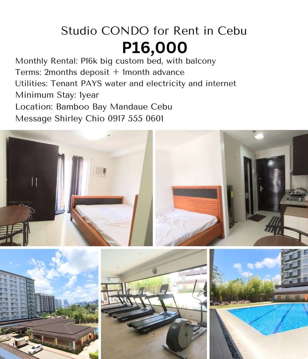 Studio with Balcony, Pool, Gym, and Mini Washing Machine for Rent P16k