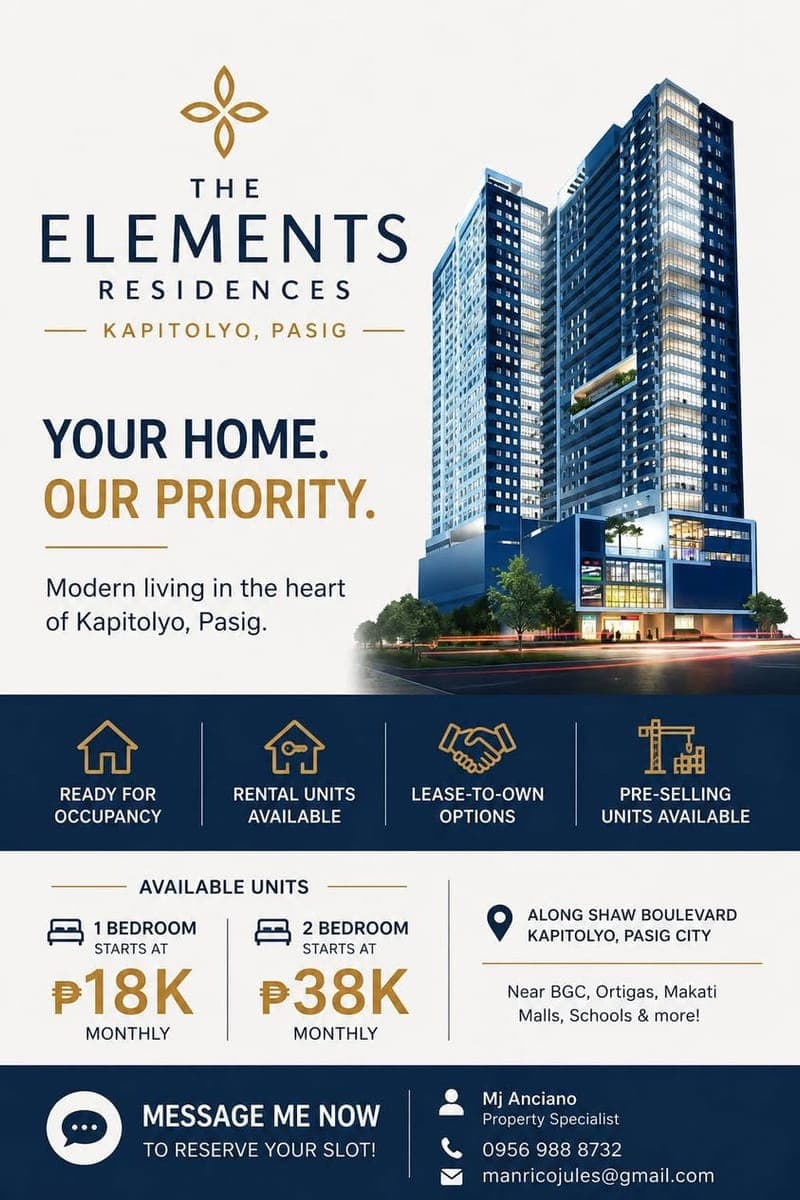 🏙️ FOR RENT | The Elements Residences – Kapitolyo, Pasig - photo 1