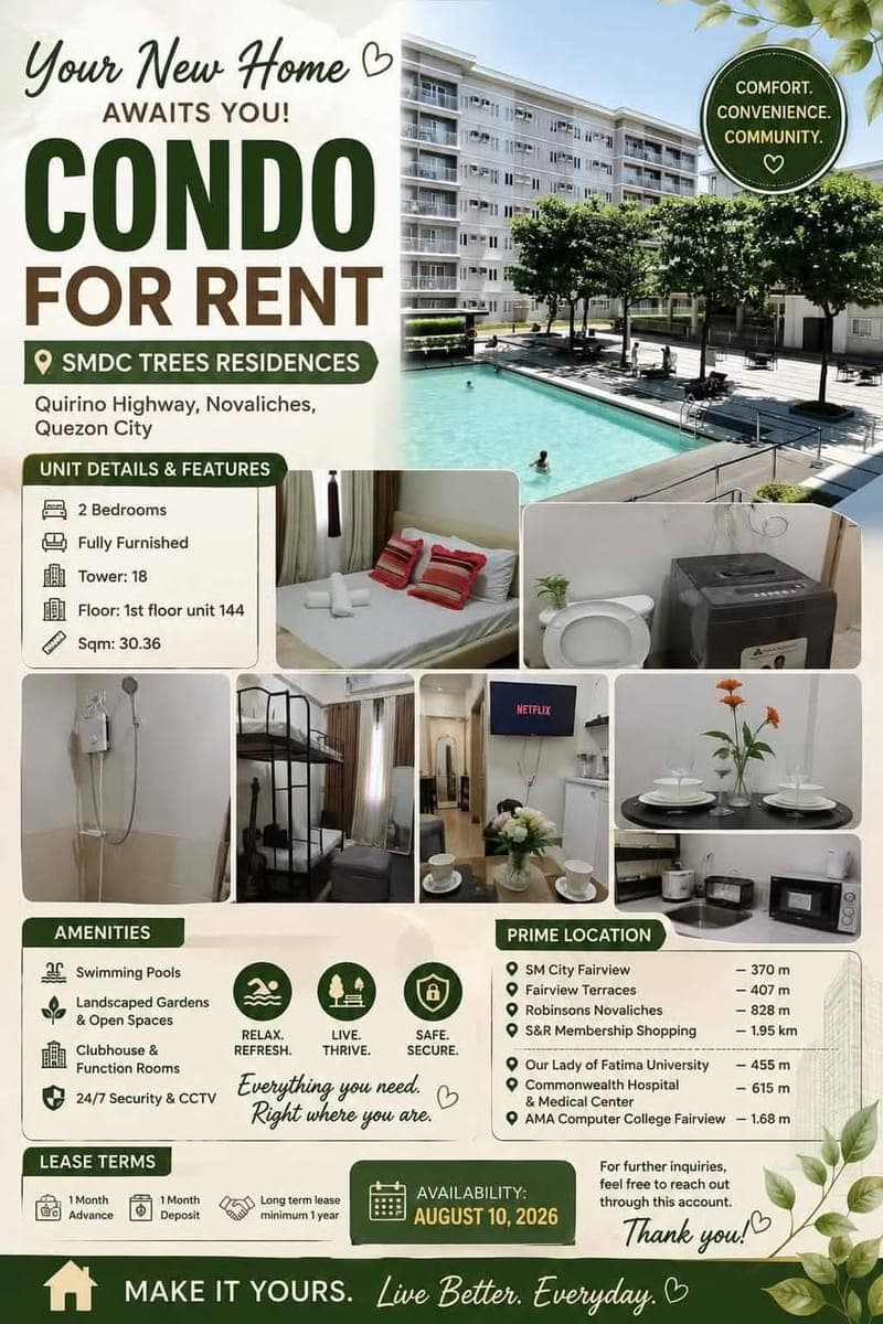CONDO FOR RENT — SMDC Trees Residences, Quirino Highway, Novaliches, Quezon City. - photo 2