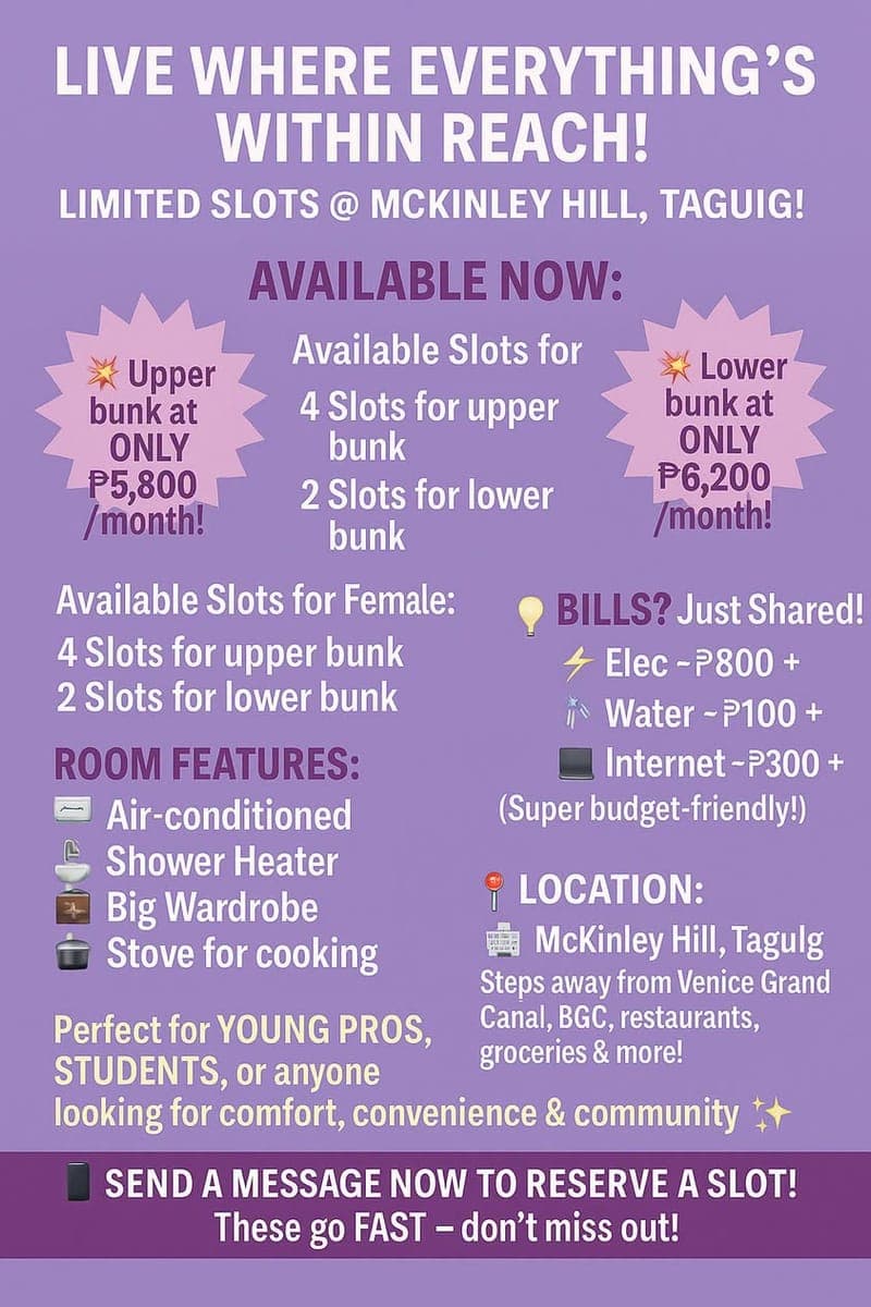 🏙️ **BED SPACE FOR RENT | McKinley Hill, Taguig** - photo 1