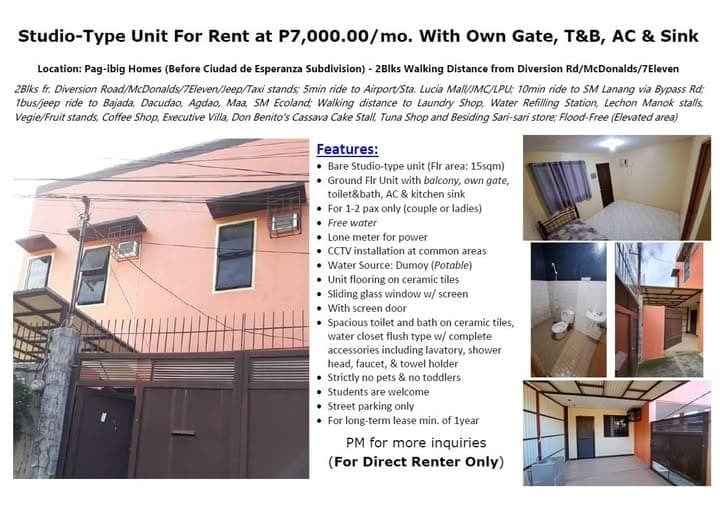 Spacious Studio Unit for Rent at P7,000 only with Own Gate, Balcony, Bathroom, AC & Sink. For upto 2...