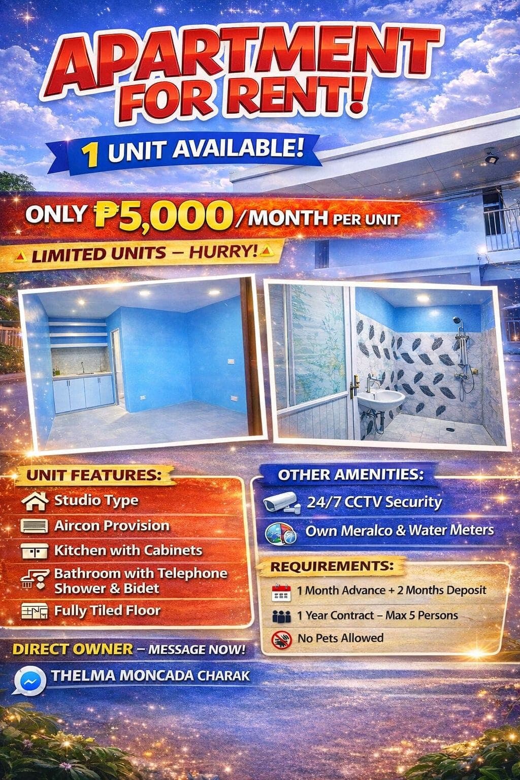 🏡 APARTMENT FOR RENT – 1 UNIT  AVAILABLE! 🏡