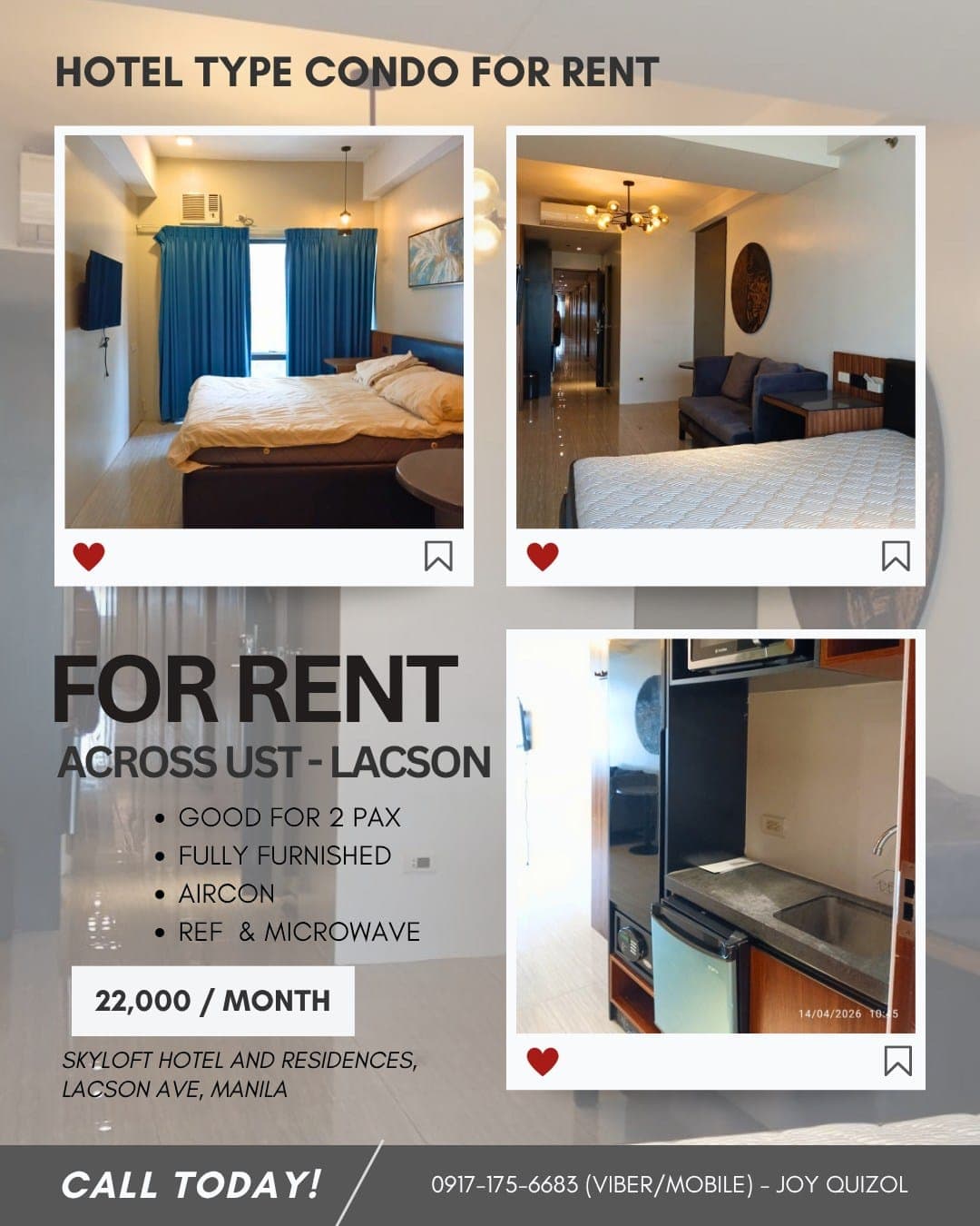 Hotel Type Condo Unit for Rent – Across University of Santo Tomas (UST) - photo 1