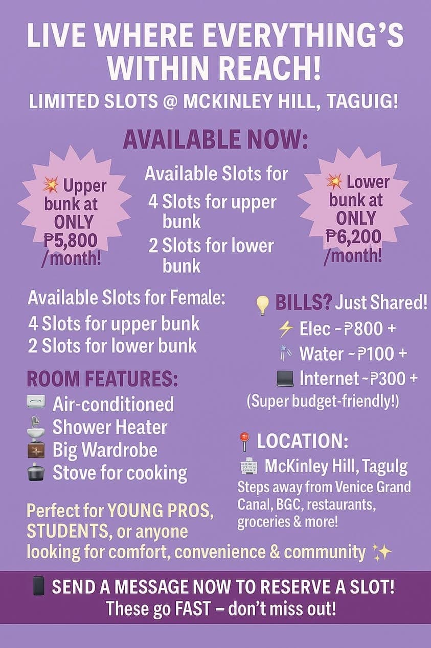 🏙️ **BED SPACE AVAILABLE IN McKINLEY HILL, TAGUIG** - photo 1