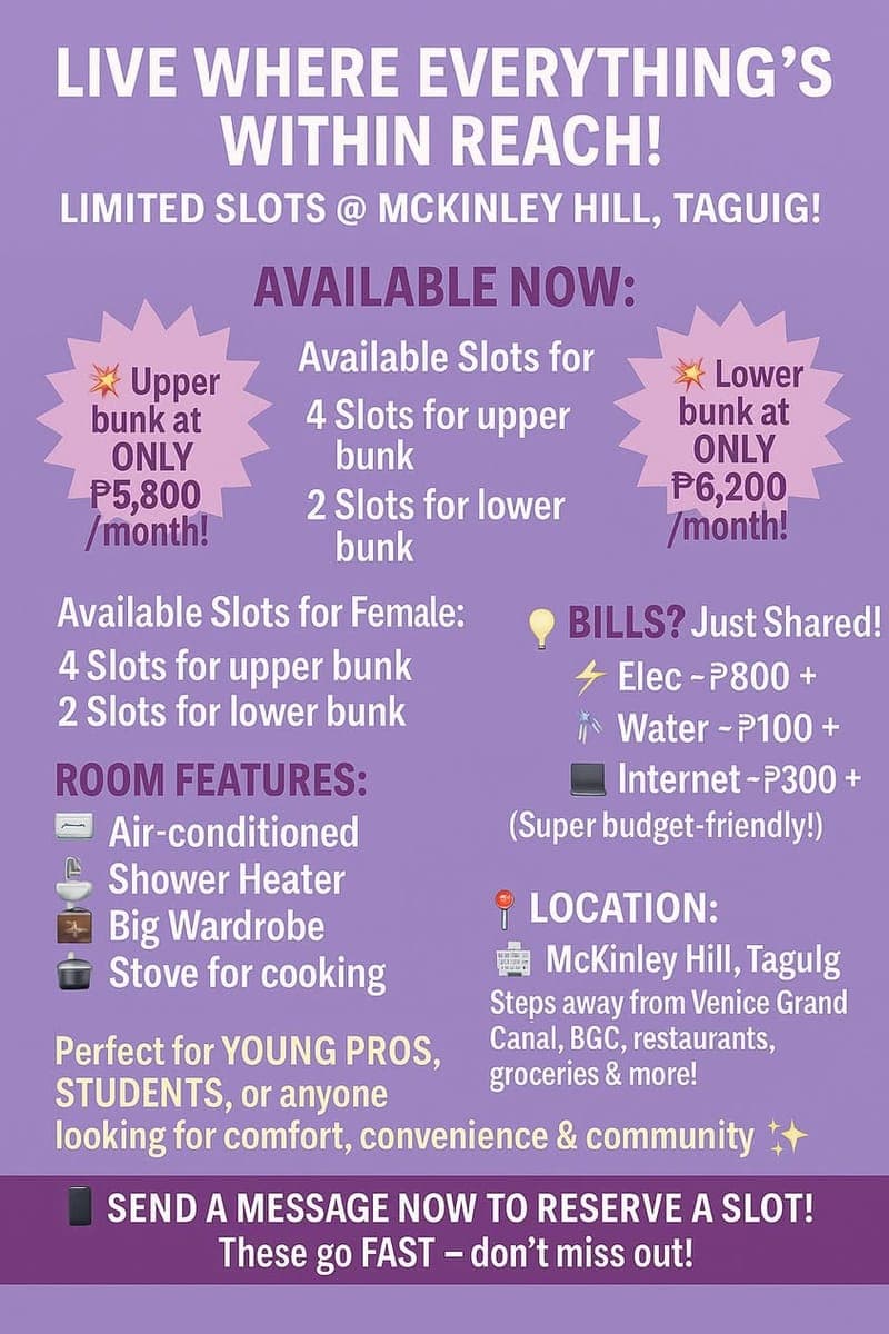 🏙️ BED SPACE FOR RENT — McKINLEY HILL, TAGUIG ✨ - photo 1