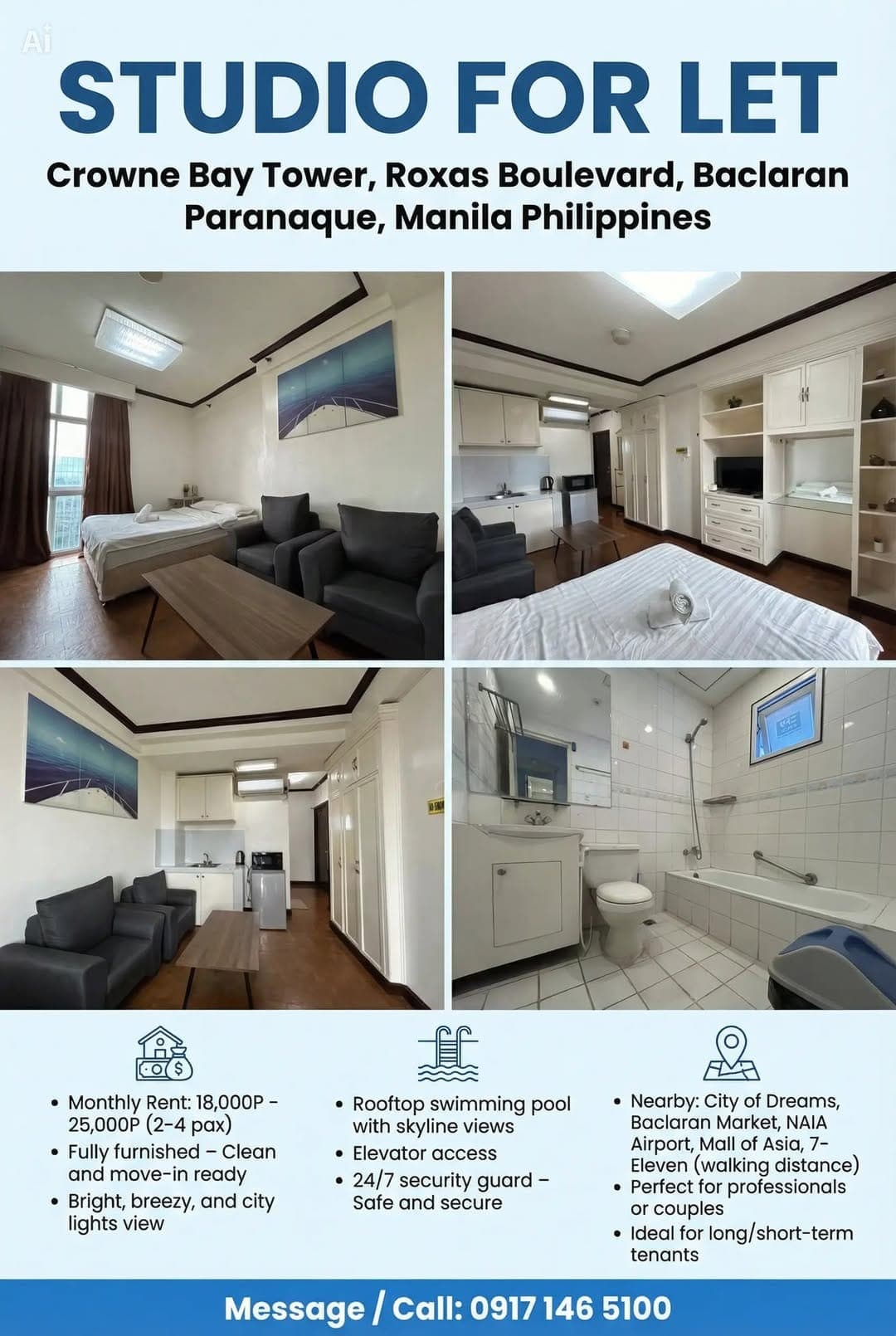 Live the Bay Life! Premium Studio at Crowne Bay Tower for Rent!